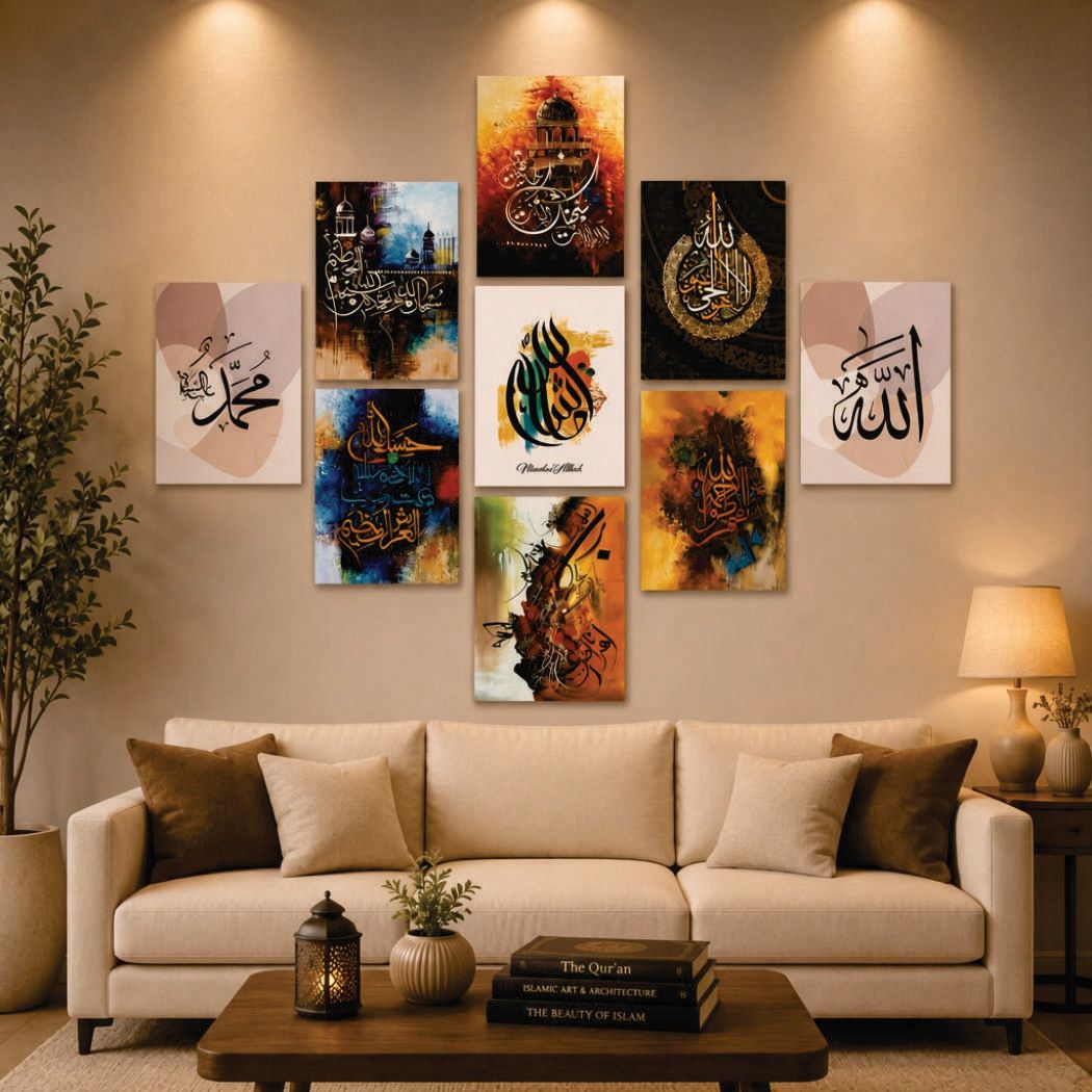 A set of nine Islamic wall art canvases featuring Arabic calligraphy and abstract paintings