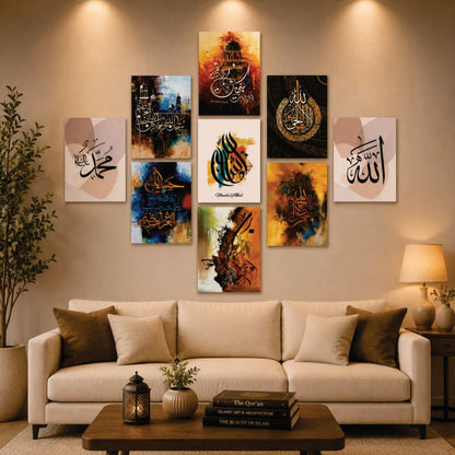 A set of nine Islamic wall art canvases featuring Arabic calligraphy and abstract paintings